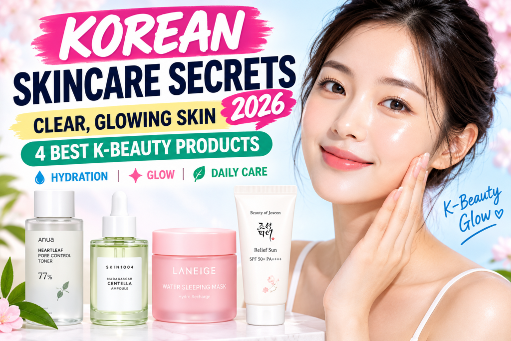KOREAN SKINCARE SECRETS 2026 CLEAR, GLOWING SKIN 4 BEST K-BEAUTY PRODUCTS HYDRATION • GLOW • DAILY CARE