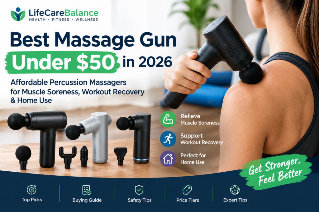 Write a high-quality, original, SEO-optimized article for the USA audience based on this title: # Best Massage Gun Under $50 in 2026: Affordable Percussion Massagers for Muscle Soreness, Workout Recovery & Home Use WEBSITE: LifeCareBalance.com WEBSITE TYPE: Health, fitness and wellness Amazon affiliate review website. TARGET AUDIENCE: USA readers who want an affordable massage gun for muscle soreness, post-workout recovery, relaxation, tight muscles and everyday home use. PRIMARY SEARCH INTENT: Commercial investigation / product comparison / buying guide. PRIMARY KEYWORD: best massage gun under $50 SECONDARY KEYWORDS AND RELATED SEARCH TERMS: * massage gun under $50 * best cheap massage gun * affordable massage gun * budget massage gun * cheap percussion massager * best massage gun under $30 * best massage gun under $40 * massage gun for muscle soreness * massage gun for workout recovery * massage gun for beginners * mini massage gun under $50 * portable massage gun * percussion massager for home use * deep tissue massage gun under $50 * cheap massage gun for athletes * massage gun for tight muscles * massage gun for post workout recovery IMPORTANT SEO RULE: Do NOT keyword stuff. Use the primary keyword naturally in the title, introduction, one or two H2/H3 headings where appropriate, and throughout the article only where it sounds natural. Use semantic variations instead of repeatedly using the exact keyword. Do not force the exact keyword into every paragraph. ARTICLE LENGTH: Approximately 1,400–1,600 words. CONTENT GOAL: Create a substantially more useful article than typical thin “best under $50” affiliate listicles. The article should not simply list products. It must help readers understand: * what they can realistically expect from a massage gun under $50 * which specifications actually matter * how cheap massage guns differ from premium devices * what trade-offs buyers should expect * which type of user each product is suited for * how to use a massage gun safely * whether a sub-$50 massage gun is actually worth buying SERP / COMPETITOR GAP INSIGHTS: Current competing pages commonly focus on: * TOLOCO and other low-cost massage guns * price * number of massage heads * RPM/speed settings * battery life * basic pros and cons * simple “best budget” rankings Improve on those pages by adding: 1. A clear explanation of amplitude. 2. A clear explanation of stall force. 3. Explain why RPM alone does not determine massage quality. 4. Explain the trade-off between price and motor performance. 5. Explain battery-life and weight considerations. 6. Explain why attachment count should not be the main buying factor. 7. Create useful price tiers: * under $30 * $30–$40 * $40–$50 8. Add use-case categories: * best overall * best for beginners * best compact option * best for post-workout recovery * best lightweight option * best value 9. Include a “who should spend more?” section. 10. Include a “what you should NOT expect from a $50 massage gun” section. 11. Include a safety section. 12. Include evidence-based discussion without making medical promises. PRODUCT RESEARCH REQUIREMENTS: Use current 2026 USA pricing where available. Because Amazon prices change frequently: * use approximate/current pricing such as “around $35” or “typically $30–$50” when appropriate * do not invent an exact price if it cannot be verified * clearly state that prices can change * do not fabricate testing results * do not claim that LifeCareBalance personally tested a product unless that information is explicitly provided * do not invent review counts, ratings, warranty details, stall force, amplitude, battery life, noise levels or other specifications If a specification is unavailable or differs between listings, say so rather than guessing. PREFERRED PRODUCT CATEGORIES: Consider relevant budget models such as: * TOLOCO * RENPHO * Bob and Brad budget/mini models * other legitimate sub-$50 USA options Do not automatically recommend a product simply because it has the most attachments or highest advertised RPM. COMPARISON TABLE: Include a useful comparison table with columns such as: Product | Approx. Price | Best For | Amplitude | Speed/PPM | Attachments | Battery | Weight | Key Trade-Off Only include specifications that can be reasonably verified. Do not fabricate specifications. CONTENT GAP REQUIREMENTS: Include a dedicated section: “What Matters Most in a Massage Gun Under $50?” Explain: * amplitude * stall force * RPM/PPM * noise * battery * weight * attachments * ergonomics * warranty/build quality Then explain which features matter most for: * beginners * casual users * gym users * runners * people with everyday muscle tightness EVIDENCE SECTION: Use careful evidence-based language. Do not claim that massage guns: * cure injuries * treat medical conditions * permanently eliminate pain * guarantee faster recovery * replace physical therapy or medical treatment Explain that evidence suggests percussive therapy/massage may help short-term flexibility, range of motion, muscle stiffness and some recovery-related outcomes, while research remains limited and protocols vary. Use these external authoritative sources naturally in the article: 1. Massage gun systematic review: https://pmc.ncbi.nlm.nih.gov/articles/PMC10532323/ 2. 2026 systematic review/meta-analysis on percussive therapy dosage and recovery: https://link.springer.com/article/10.1186/s12998-026-00657-9 3. PubMed systematic review/meta-analysis on massage and delayed-onset muscle soreness: https://pubmed.ncbi.nlm.nih.gov/29021762/ 4. PubMed systematic review/meta-analysis of physical therapy interventions for DOMS: https://pubmed.ncbi.nlm.nih.gov/34365084/ 5. PubMed systematic literature review on percussive therapy, performance and pain: https://pubmed.ncbi.nlm.nih.gov/37020441/ IMPORTANT EXTERNAL LINK RULES: * Use all 5 links naturally. * Do not put all 5 links in one section. * Use descriptive anchor text. * Do not create a “Sources” dump at the end unless necessary. * Link the relevant claim to the relevant source. * Do not invent additional scientific citations. INTERNAL LINKS — LIFeCAREBALANCE: Naturally incorporate these relevant internal links where contextually appropriate: 1. Best Massage Guns 2026 https://lifecarebalance.com/best-massage-guns-2026/ 2. Theragun Pro Review 2026 https://lifecarebalance.com/theragun-pro-review-2026/ 3. Hypervolt 2 Pro Review 2026 https://lifecarebalance.com/hypervolt-2-pro-review-2026/ 4. Theragun Pro vs Hypervolt 2 Pro https://lifecarebalance.com/theragun-pro-vs-hypervolt-2-pro-2026/ 5. How to Choose the Right Massage Gun 2026 https://lifecarebalance.com/how-to-choose-right-massage-gun-2026/ 6. Benefits of Massage Guns for Athletes https://lifecarebalance.com/benefits-of-massage-guns-for-athletes-2026/ 7. Best Leg Recovery Boots 2026 https://lifecarebalance.com/best-leg-recovery-boots-2026/ INTERNAL LINK RULES: * Use approximately 5–7 internal links. * Use natural descriptive anchor text. * Do not place multiple internal links in the same sentence. * Do not use “click here”. * Do not force irrelevant internal links. * Prioritize contextual relevance. * If one URL appears particularly relevant, it may be used more prominently than the others. * Do not invent LifeCareBalance URLs. IMPORTANT BRAND POSITIONING: LifeCareBalance is an Amazon affiliate review website. Do not state or imply that LifeCareBalance manufactures, sells, clinically tests, certifies, or medically prescribes these products. The article should maintain an editorial, consumer-focused tone. Use: * “we compare” * “buyers should consider” * “this model may suit” * “based on available specifications/reviews” Avoid fake first-person testing claims such as: * “we tested this for 30 days” * “our lab measured” * “we used this for 6 weeks” unless such testing information is explicitly provided. ARTICLE STRUCTURE: H1: Best Massage Gun Under $50 in 2026: Affordable Percussion Massagers for Muscle Soreness, Workout Recovery & Home Use Then: 1. Introduction 2. Quick Comparison Table 3. Best Massage Guns Under $50 in 2026 4. Best Overall 5. Best for Beginners 6. Best Compact/Mini Option 7. Best for Post-Workout Recovery 8. Best Value 9. Best Under $30 10. Best Under $40 11. What Matters Most When Buying a Massage Gun Under $50? 12. Amplitude vs RPM vs Stall Force 13. Are Massage Guns Under $50 Actually Worth It? 14. Budget vs Premium Massage Guns 15. How to Use a Massage Gun Safely 16. Where You Should NOT Use a Massage Gun 17. Who Should Buy a $50-or-Less Massage Gun? 18. Who Should Spend More? 19. FAQs 20. Final Buying Advice FAQ QUESTIONS TO CONSIDER: * Are massage guns under $50 worth it? * What is the best massage gun under $50 in 2026? * Is a cheap massage gun good for muscle soreness? * How much should I spend on a massage gun? * What amplitude is good for a budget massage gun? * Is higher RPM better in a massage gun? * Can I use a massage gun after a workout? * Can beginners use massage guns? * How long should you use a massage gun on one muscle? * Can you use a massage gun on your neck or spine? SAFETY: Include a concise but responsible safety section. Explain that users should avoid applying percussion directly to: * spine * bones * joints * front/side of the neck * open wounds * acutely injured areas Avoid giving medical diagnosis. Tell readers with significant medical conditions, blood-clotting concerns, recent injuries, or questions about medication-related risks to consult a qualified healthcare professional before using a massage gun. Do not overstate safety. WRITING STYLE: Use USA English. Tone: * trustworthy * practical * consumer-friendly * informative * professional * easy to scan * not overly promotional Use short paragraphs. Use tables, bullets and clear subheadings. Avoid filler. Avoid generic AI phrases. Do not repeat the same conclusion in multiple sections. Do not use exaggerated language such as: * “miracle” * “game changer” * “cures” * “guaranteed results” * “professional-grade” unless objectively supported SEO REQUIREMENTS: Create: * SEO-friendly H1 * descriptive H2/H3 headings * natural semantic keyword usage * FAQ section * concise meta description suggestion at the end * suggested URL slug at the end Do NOT over-optimize the primary keyword. The content should read naturally to a human. FINAL SECTION: End with a practical buying guide rather than an exaggerated “winner” claim. Explain which specifications and user needs should determine the purchase. Also include a brief affiliate disclosure appropriate for LifeCareBalance. Do not make unsupported medical or performance claims. FINAL OUTPUT: Return only the finished article followed by: 1. SEO title 2. Meta description 3. Suggested slug 4. Suggested focus keyword 5. 5–8 secondary keywords 6. Suggested FAQ schema questions 7. Internal links used 8. External sources used