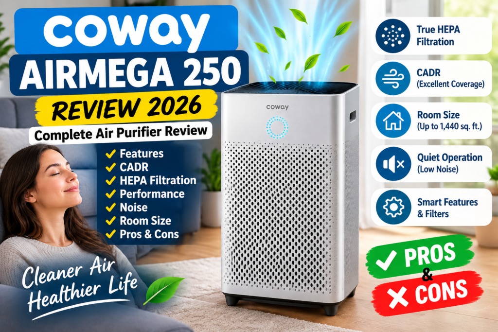 Coway Airmega 250 Review 2026: Complete Air Purifier Review, Features, CADR, HEPA Filtration, Performance, Noise, Room Size & Pros and Cons
