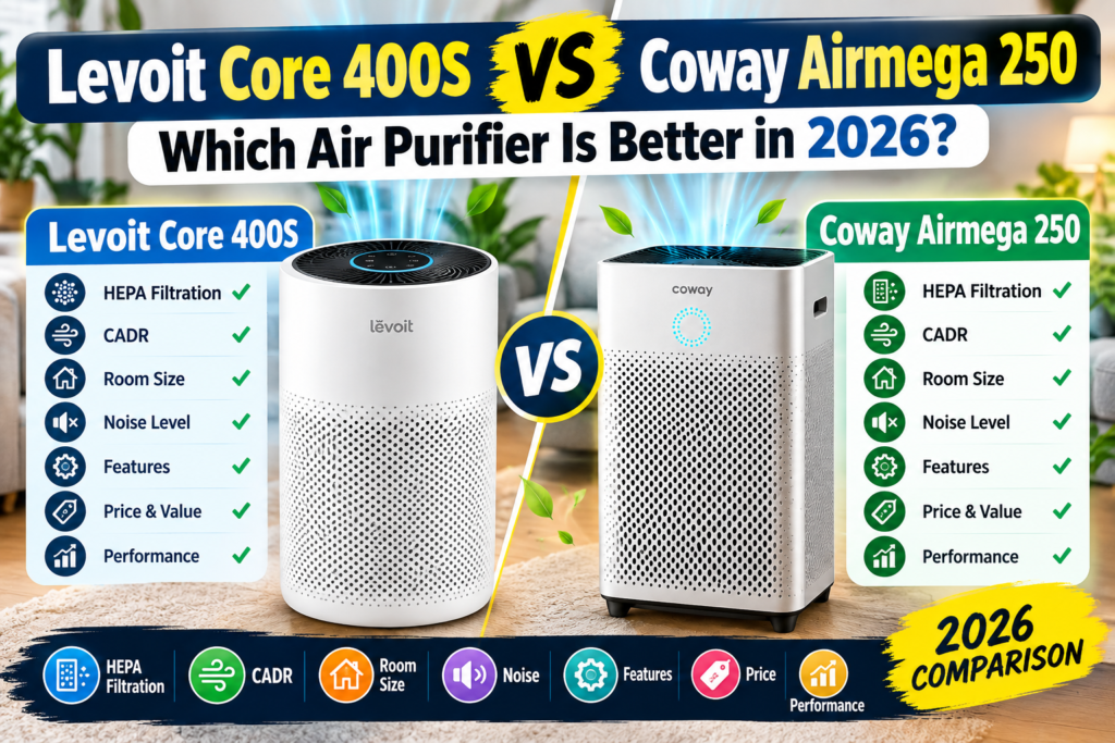 Levoit Core 400S vs Coway Airmega 250: Which Air Purifier Is Better in 2026? HEPA Filtration, CADR, Room Size, Noise, Features, Price & Performance