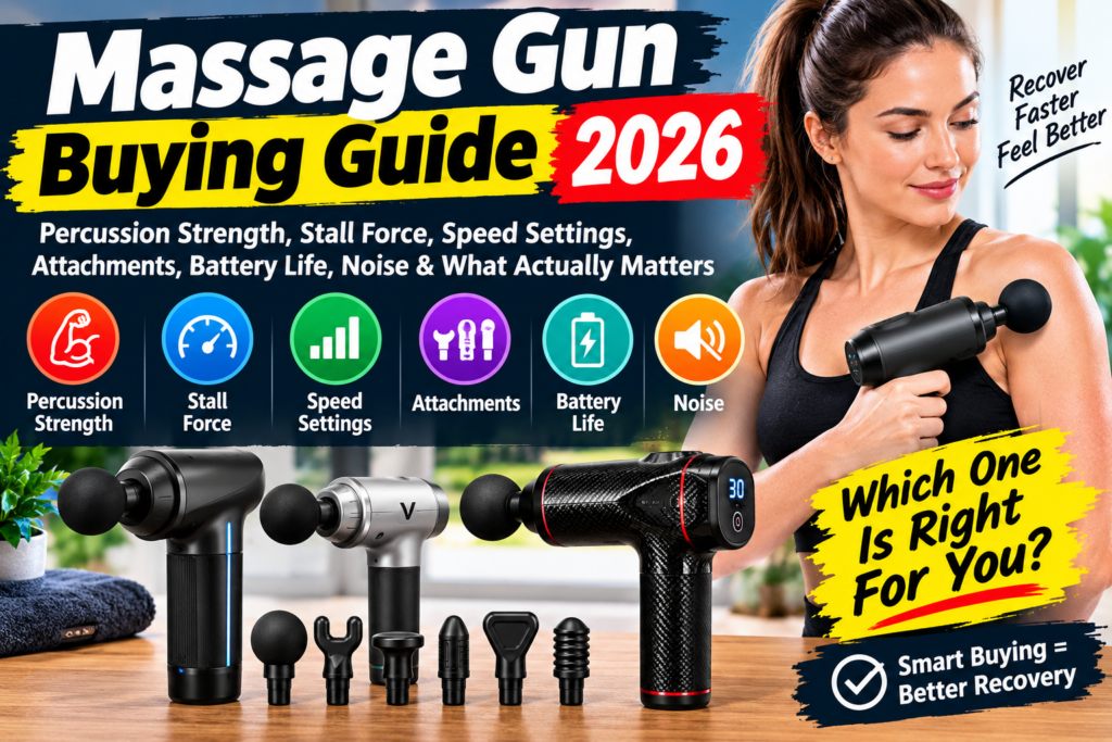 Massage Gun Buying Guide 2026: Percussion Strength, Stall Force, Speed Settings, Attachments, Battery Life, Noise & What Actually Matters