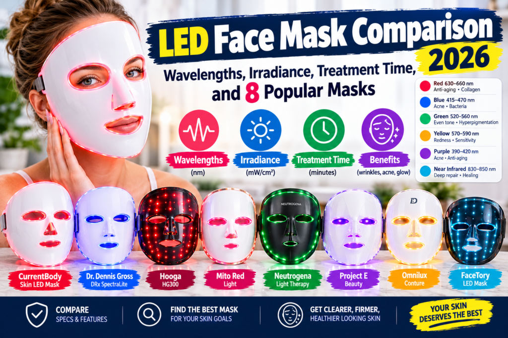 LED Face Mask Comparison 2026: Wavelengths, Irradiance, Treatment Time, and 8 Popular Masks